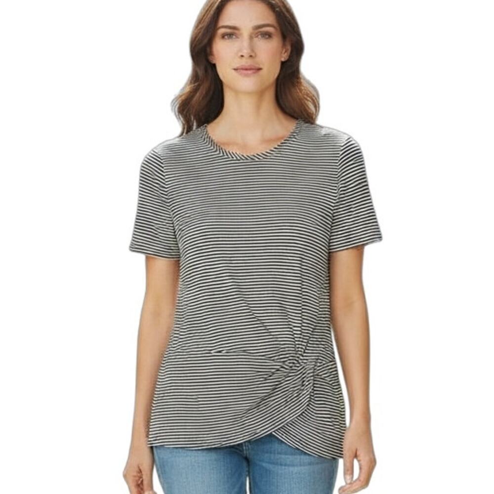 Liz Claiborne Women's Faux Wrap T-Shirt XS Green Striped Ruched Short Sleeve Top